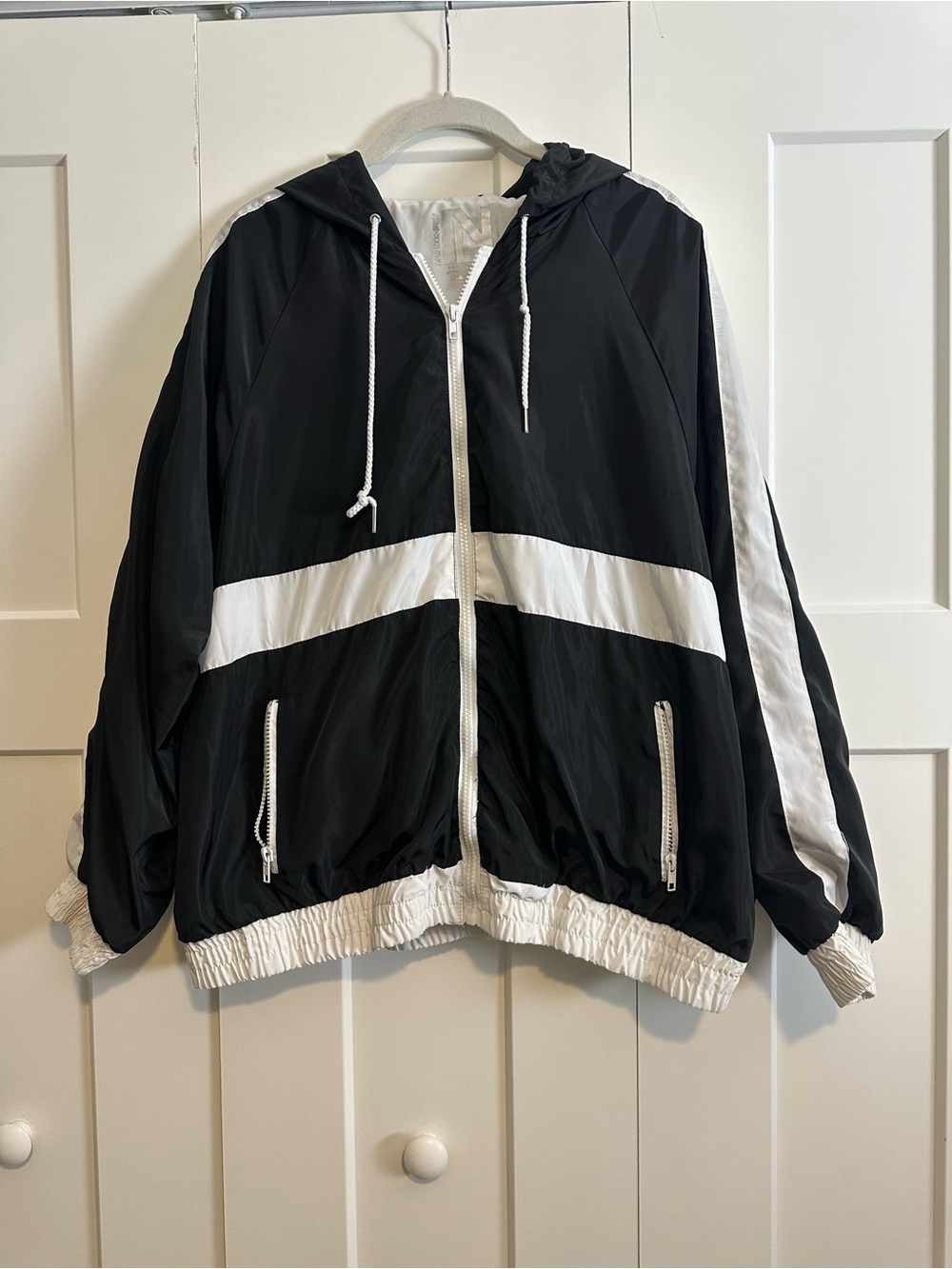New Look Sport Black & White Hooded Windbreaker Jacket with Contrast Stripe